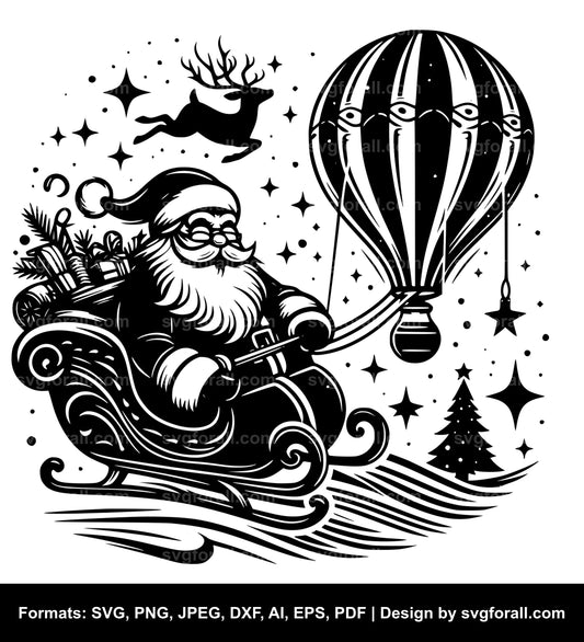 Santa Sleigh Reindeer Flying Black SVG