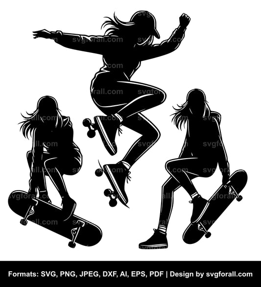 Skateboarding Girl Black SVG