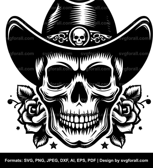 Skull With Cowboy Hat Black SVG PNG