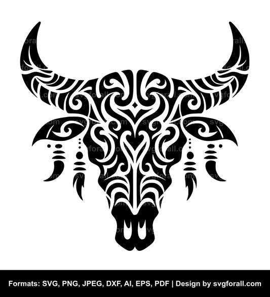 Tribal Cow Skull Black SVG