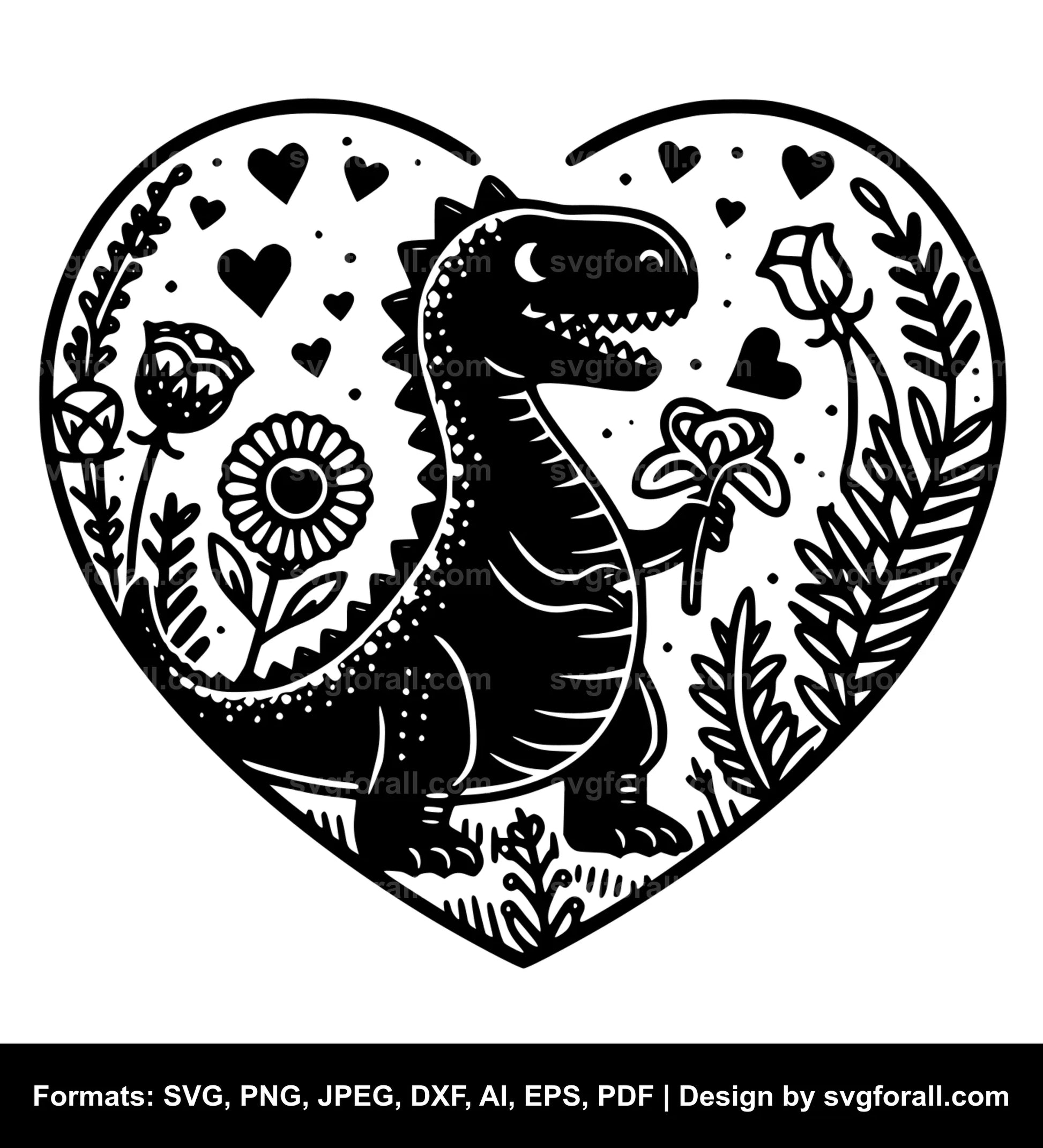 Valentine Dinosaur Black SVG