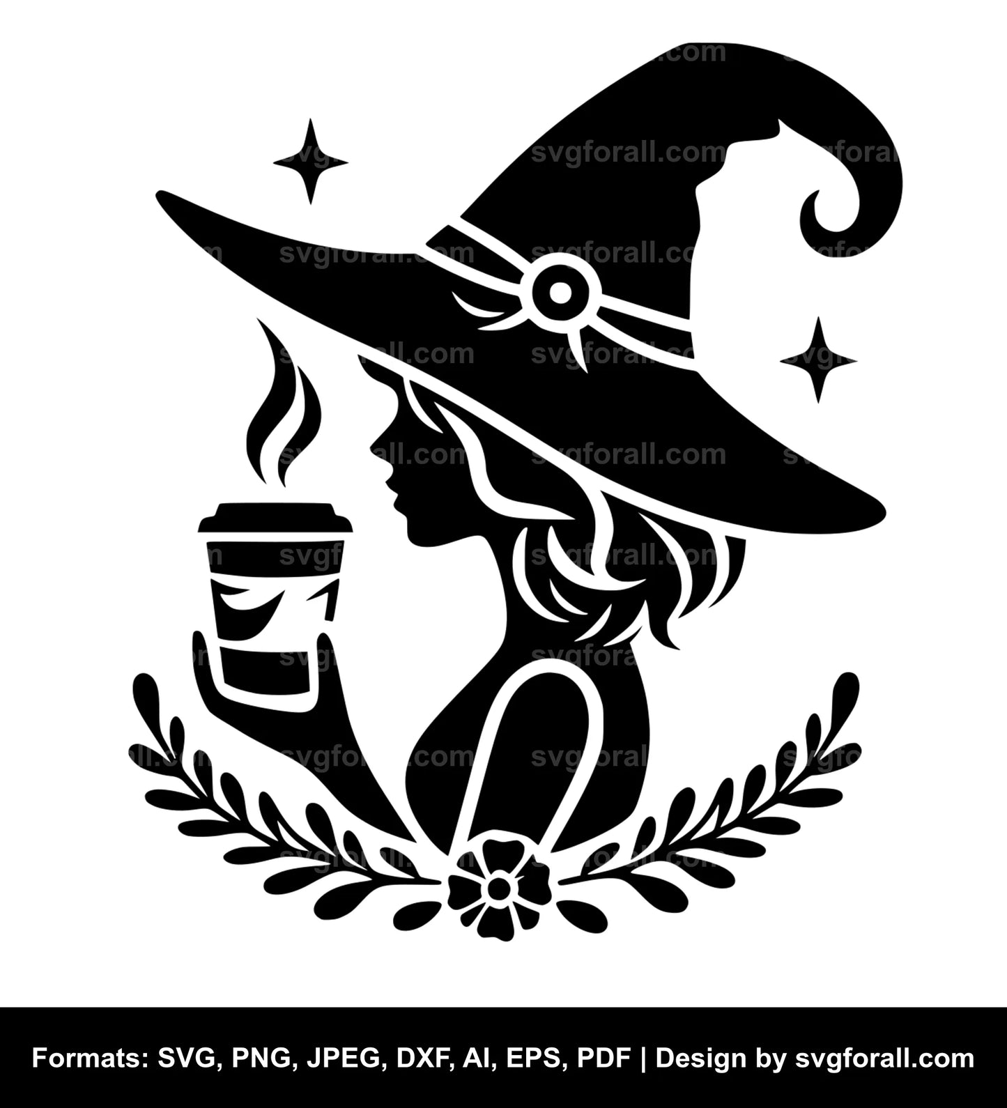 Witch Drinking Coffee Black SVG