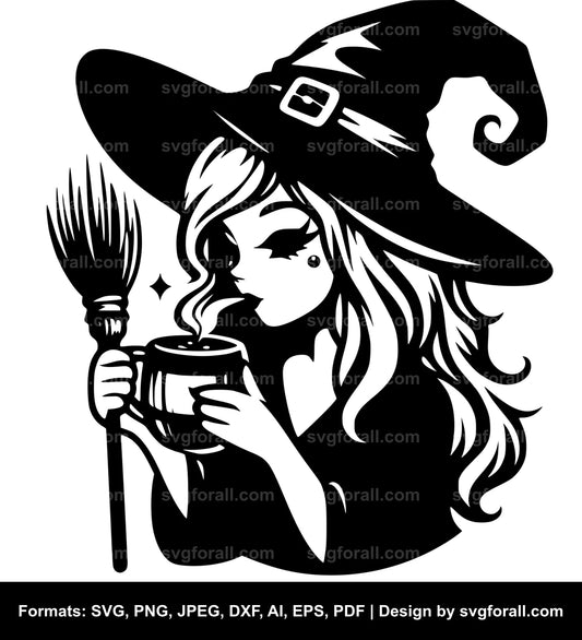 Witch Drinking Coffee SVG Vector