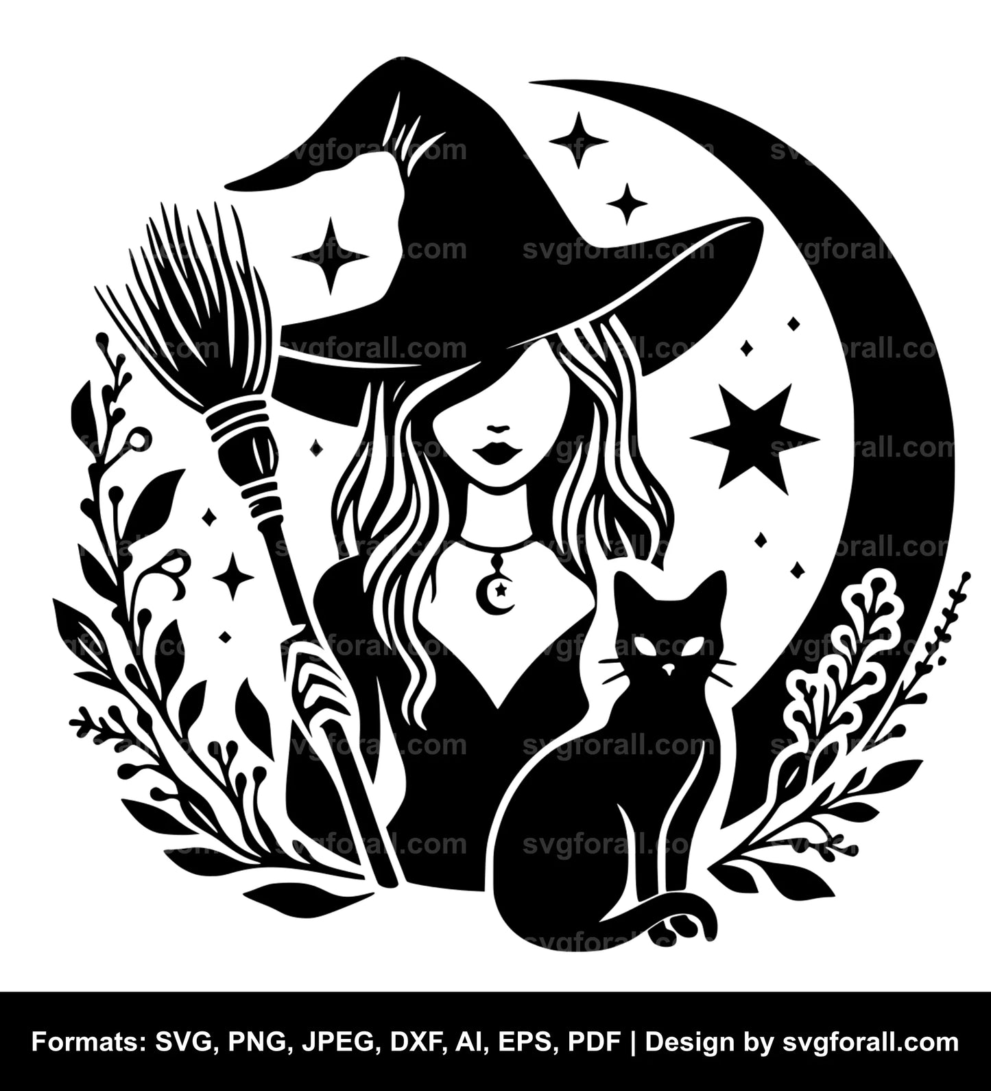 Witch With Cat Black SVG