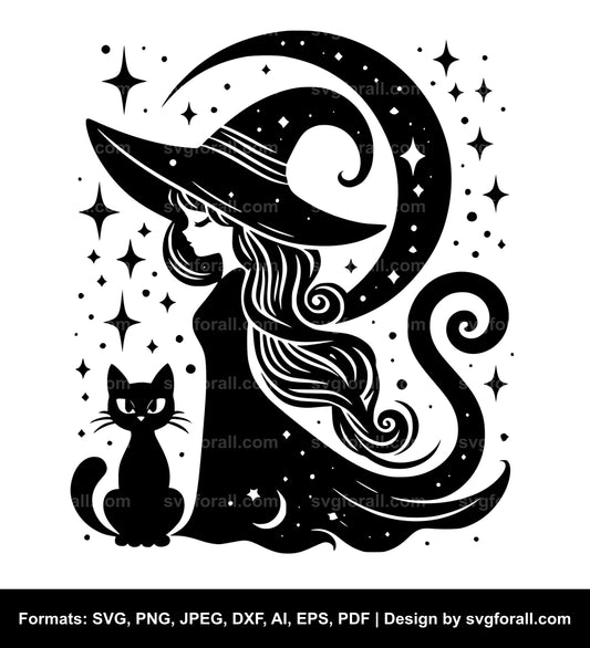 Witch With Cat Black SVG PNG