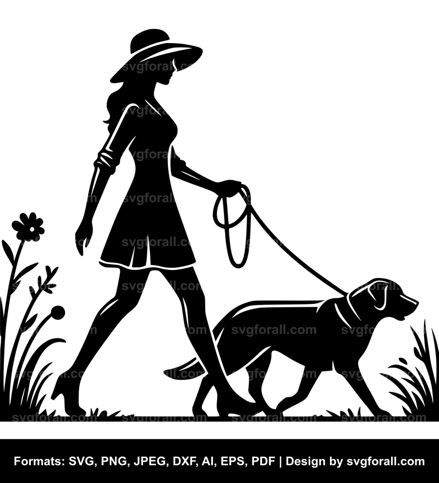 Woman Walking Dog Black SVG