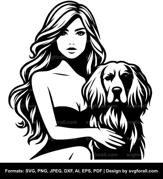 Woman With Dog Black SVG